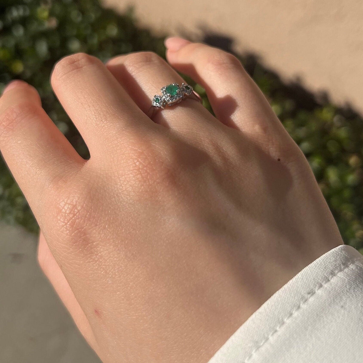 Genuine Emerald and Diamond Ring in 14k Solid White Gold