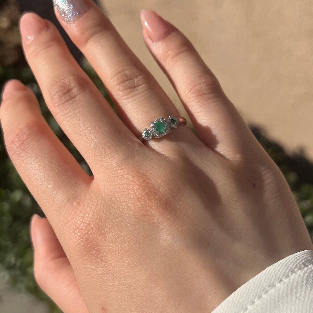 Genuine Emerald and Diamond Ring in 14k Solid White Gold