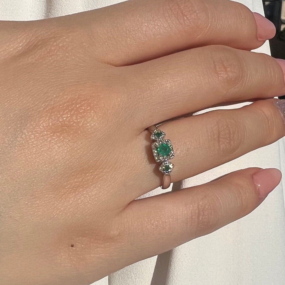 Genuine Emerald and Diamond Ring in 14k Solid White Gold