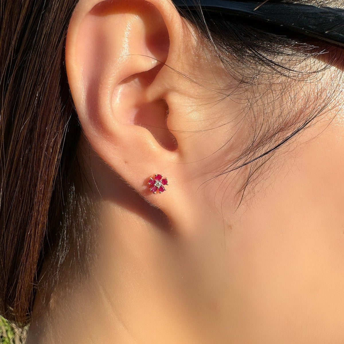 Genuine Ruby and Diamond Flower Stud Earrings / 14k Solid Gold