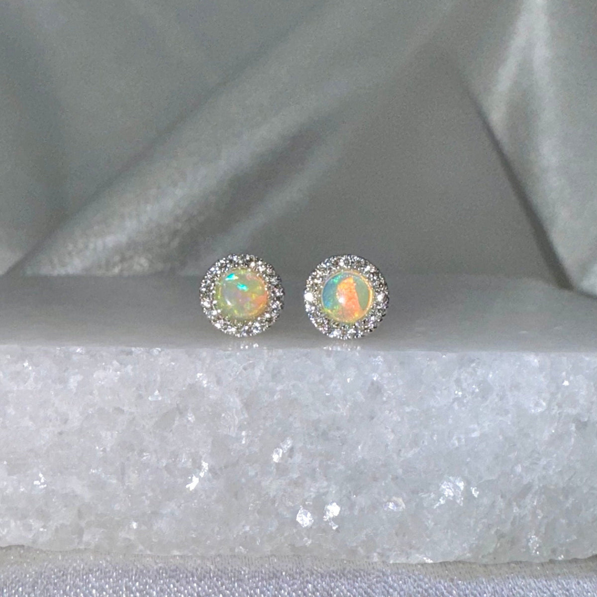 Genuine Opal and Diamond Round Stud Earrings with Diamond Halo Trim / 14k Solid Gold