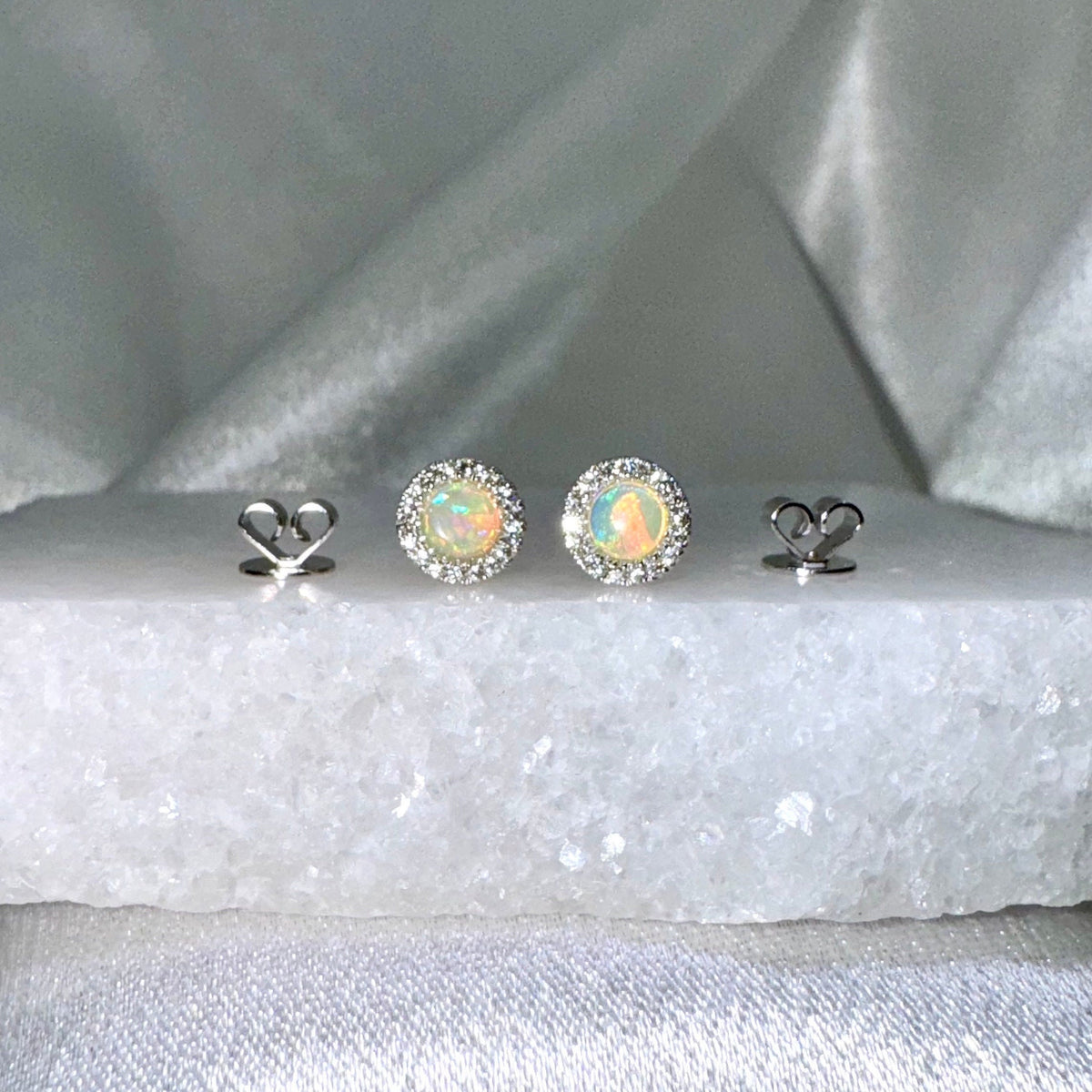 Genuine Opal and Diamond Round Stud Earrings with Diamond Halo Trim / 14k Solid Gold