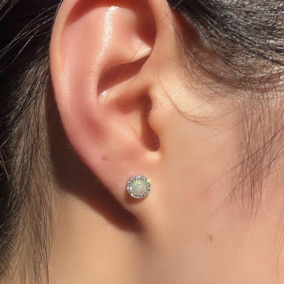 Genuine Opal and Diamond Round Stud Earrings with Diamond Halo Trim / 14k Solid Gold