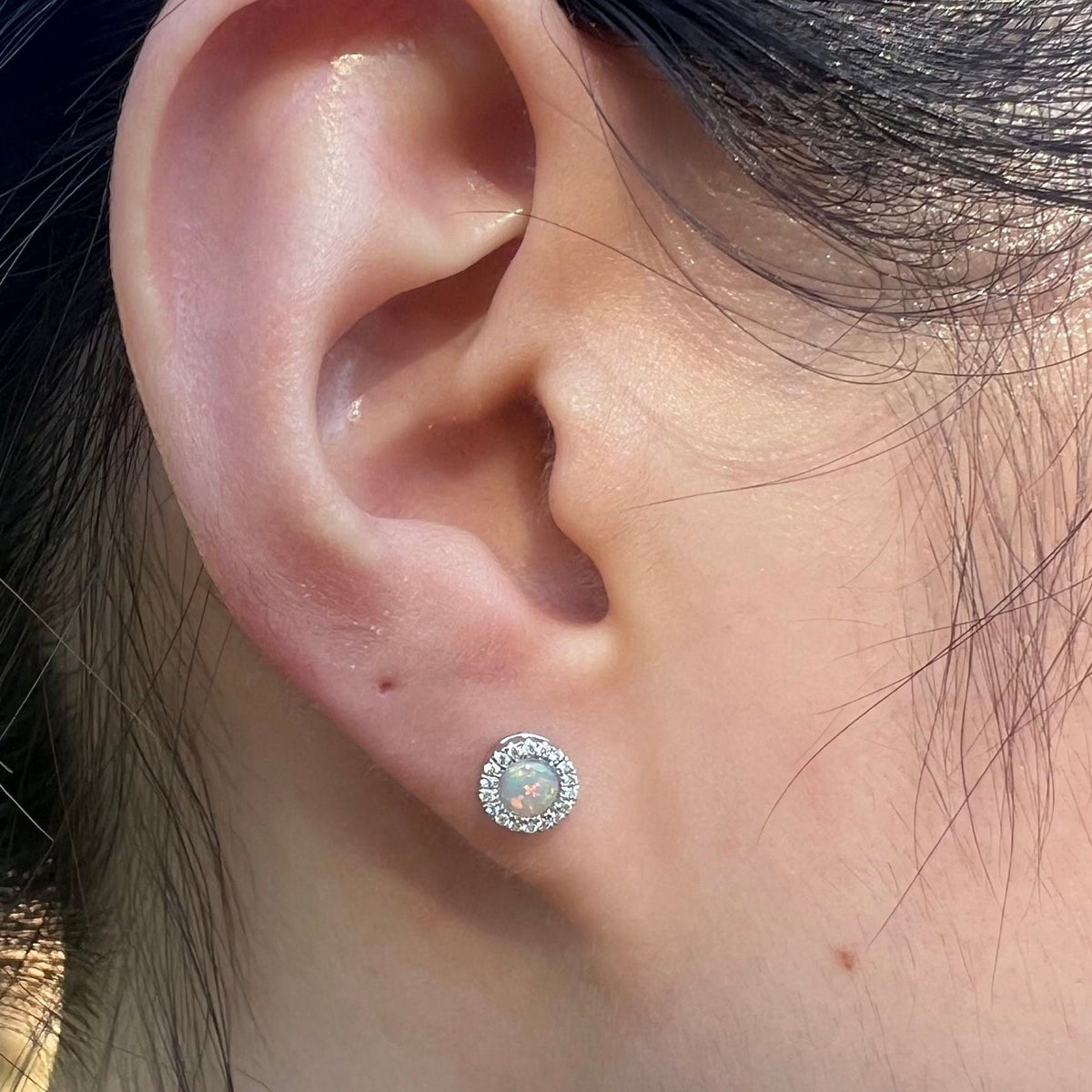 Genuine Opal and Diamond Round Stud Earrings with Diamond Halo Trim / 14k Solid Gold