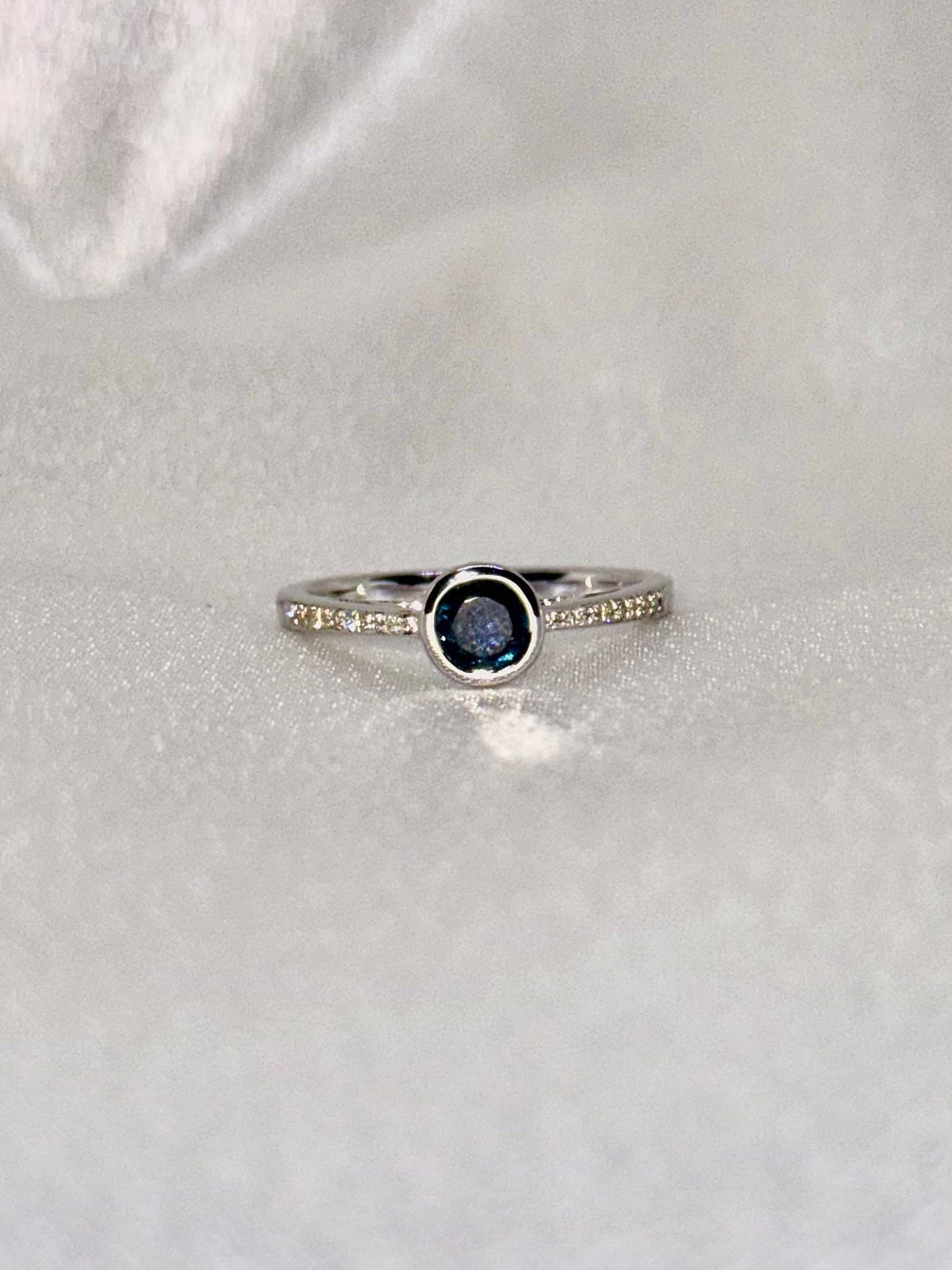 Genuine Sapphire Bezel Ring with Diamond Accents, 14k Solid White Gold, September Birthstone Gift