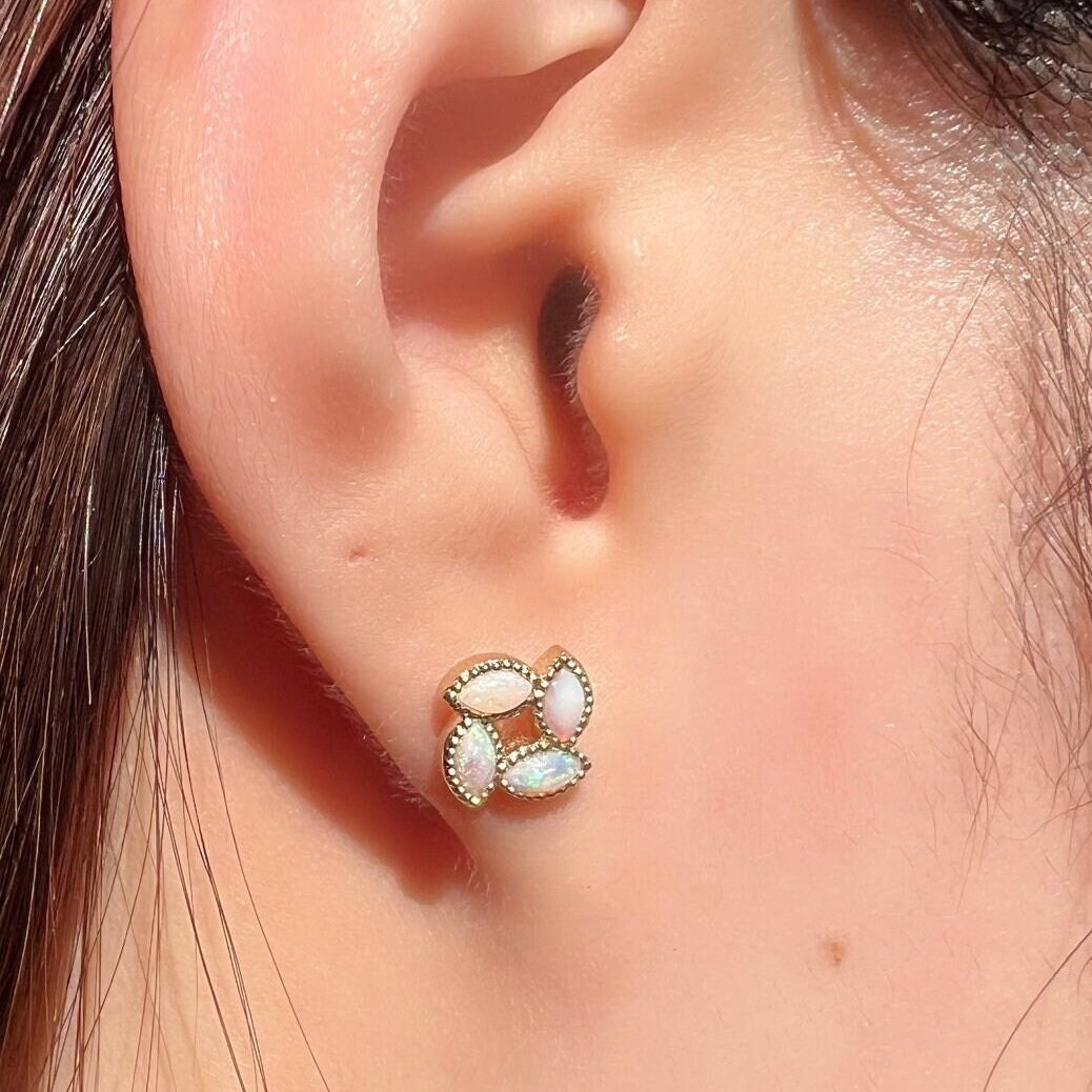 Genuine Opal Clover Stud Earrings, 18k Solid Yellow Gold, October Birthstone, Gift for Her