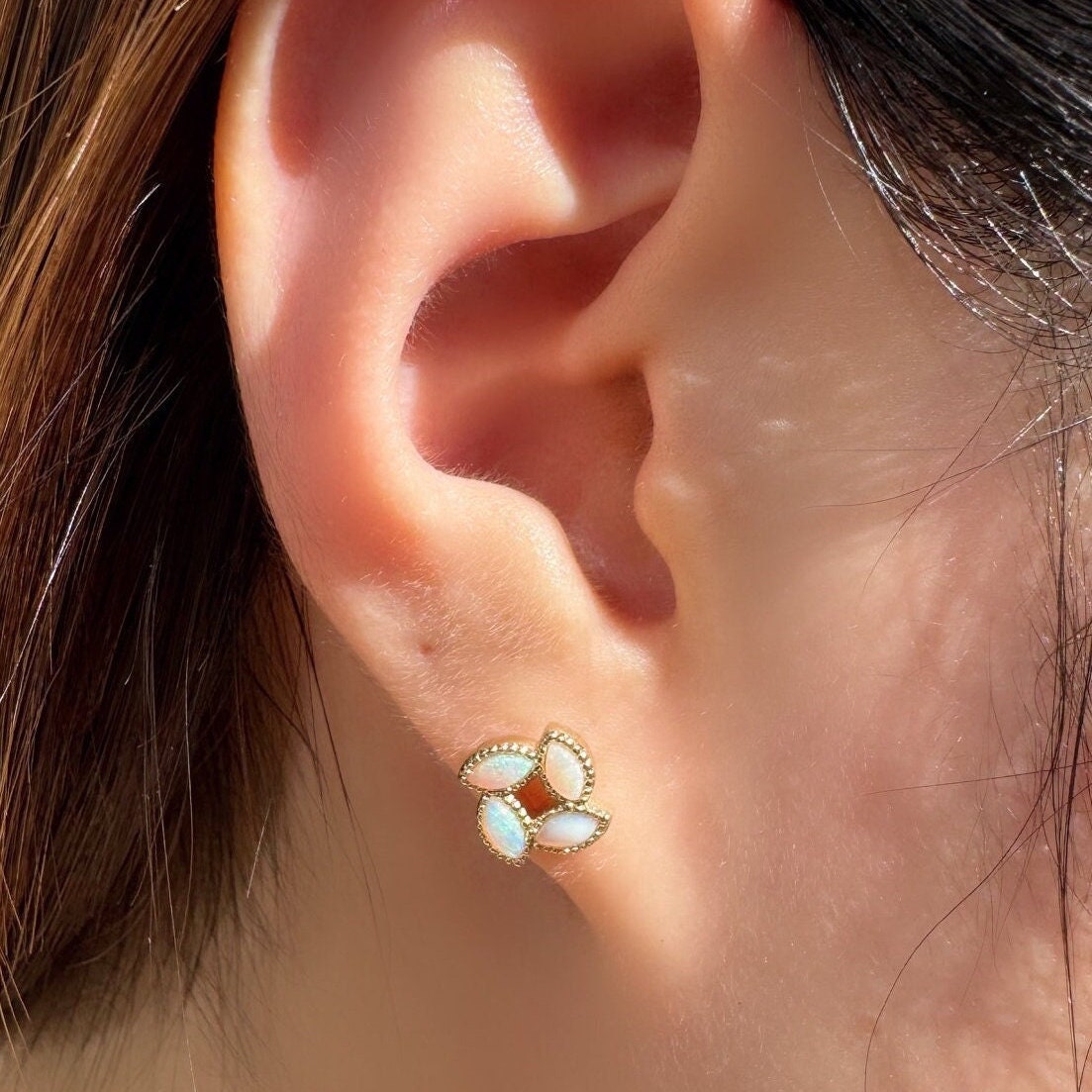 Genuine Opal Clover Stud Earrings, 18k Solid Yellow Gold, October Birthstone, Gift for Her