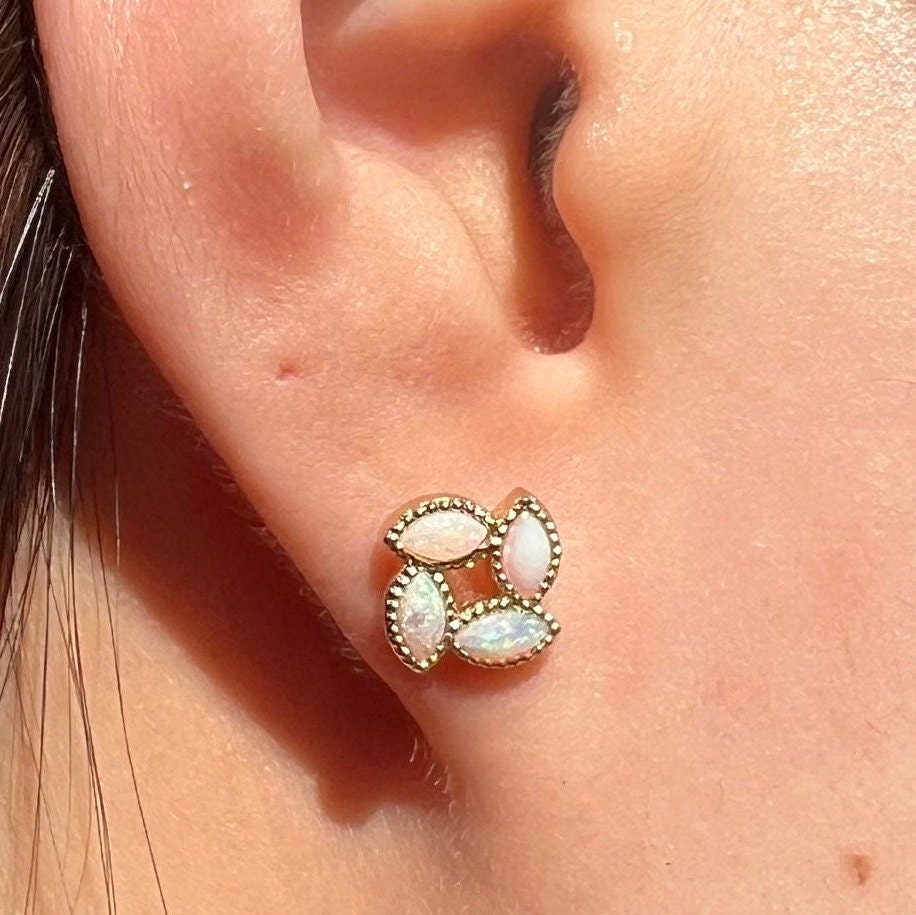 Genuine Opal Clover Stud Earrings, 18k Solid Yellow Gold, October Birthstone, Gift for Her