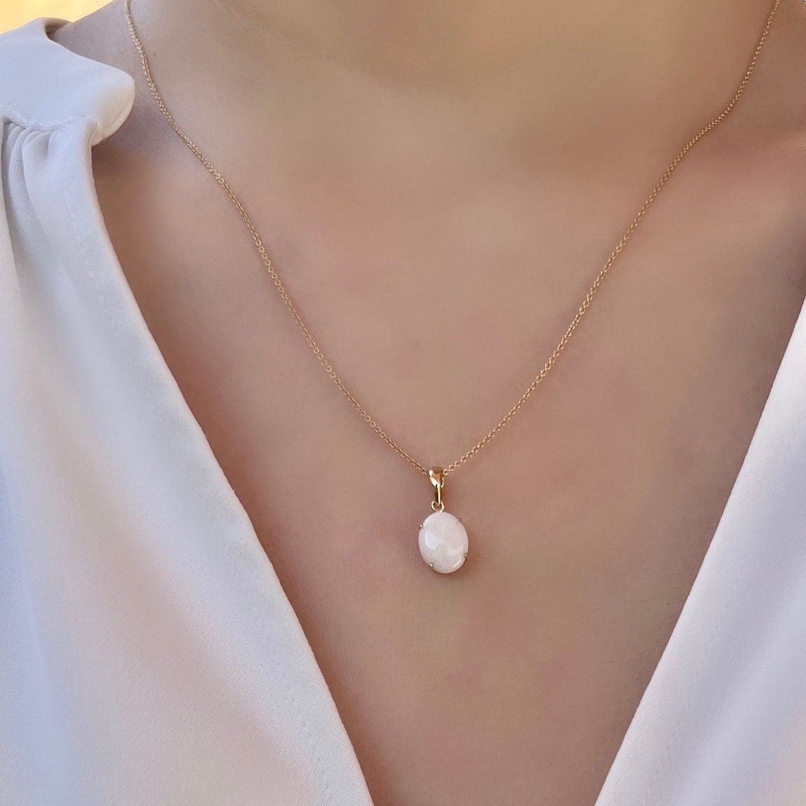 Genuine Oval Cut Opal Pendant | 14k Solid Gold
