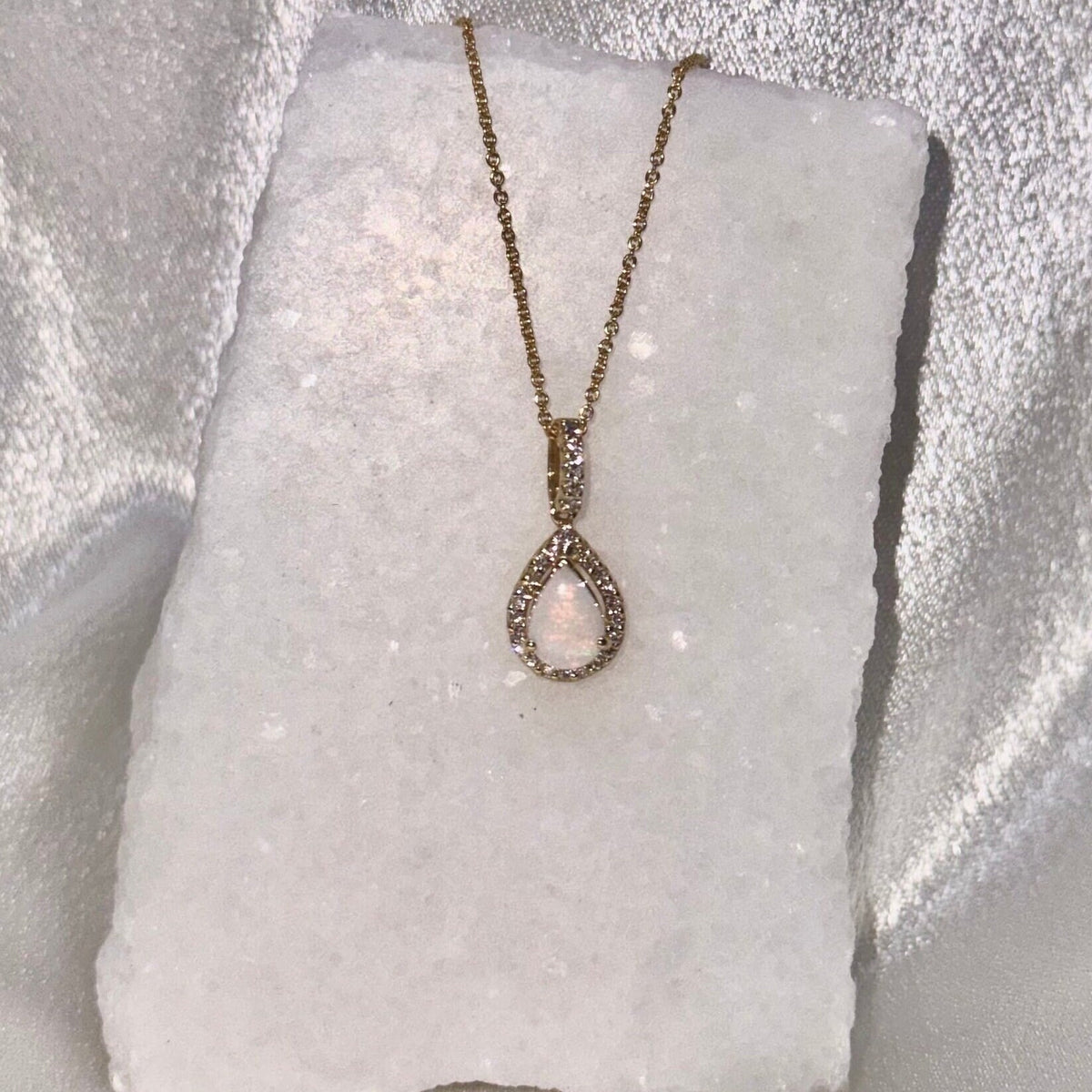 18k Solid Yellow Gold Pear Opal Diamond Pendant