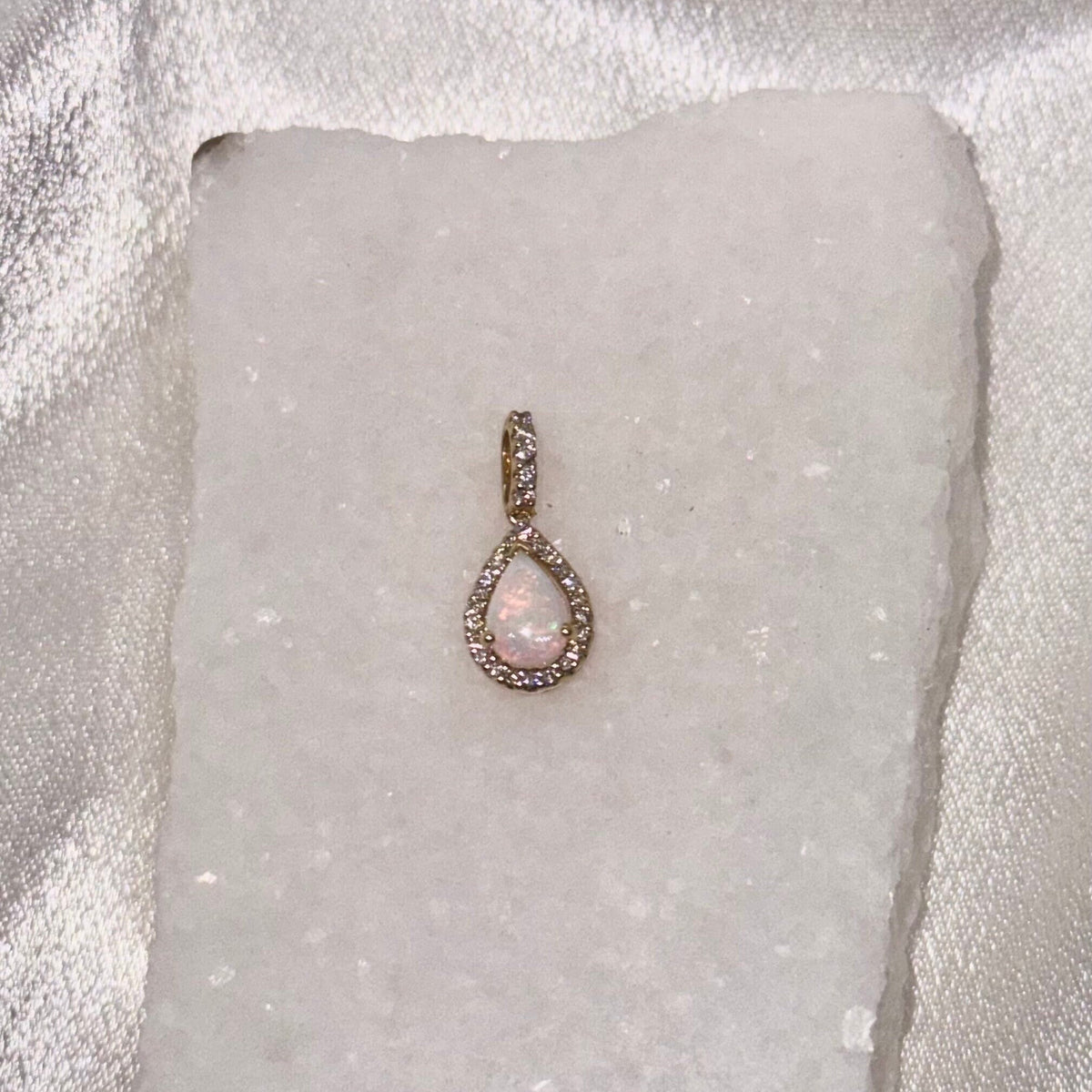 18k Solid Yellow Gold Pear Opal Diamond Pendant