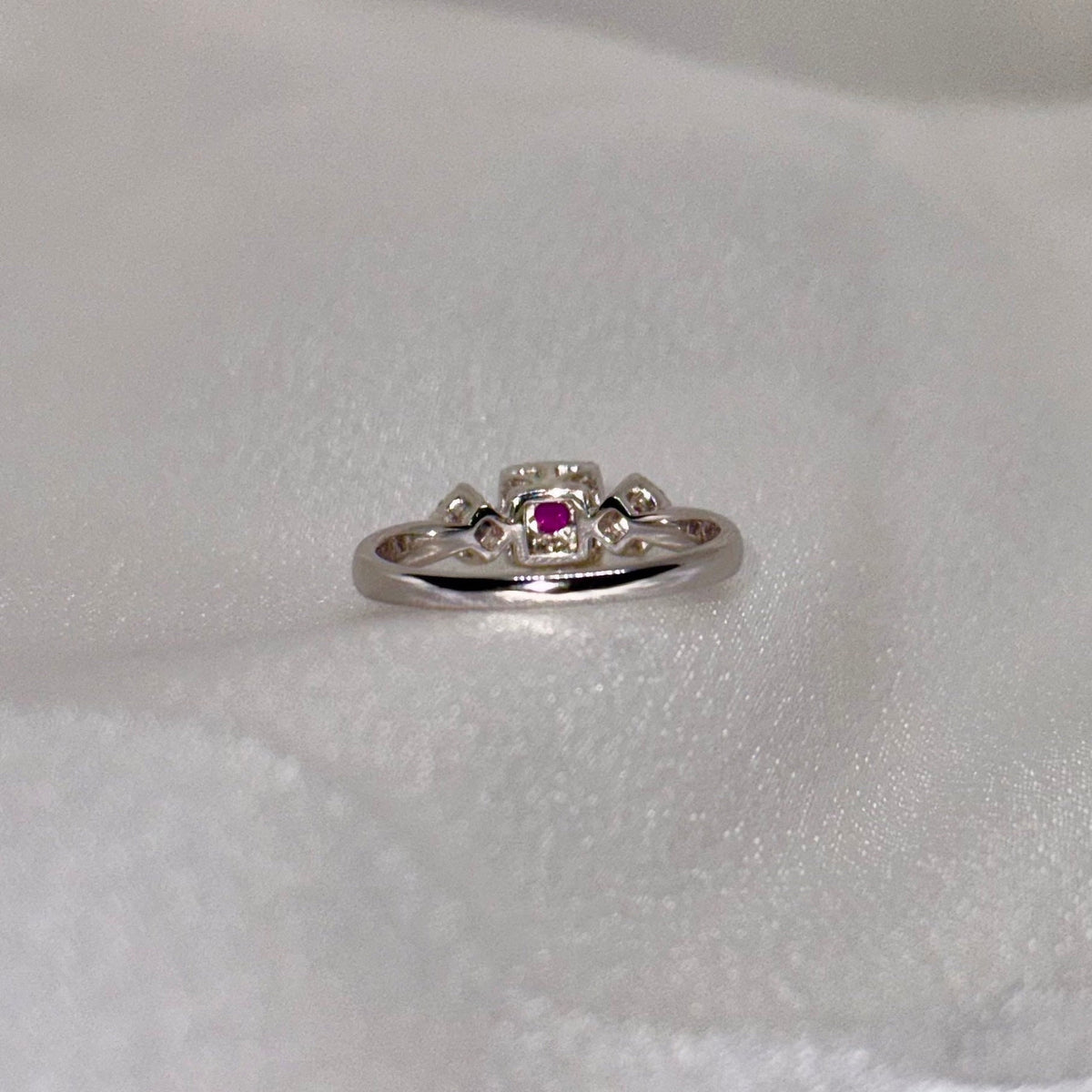 Genuine Ruby and Trio Diamond Ring | 14k Solid White Gold