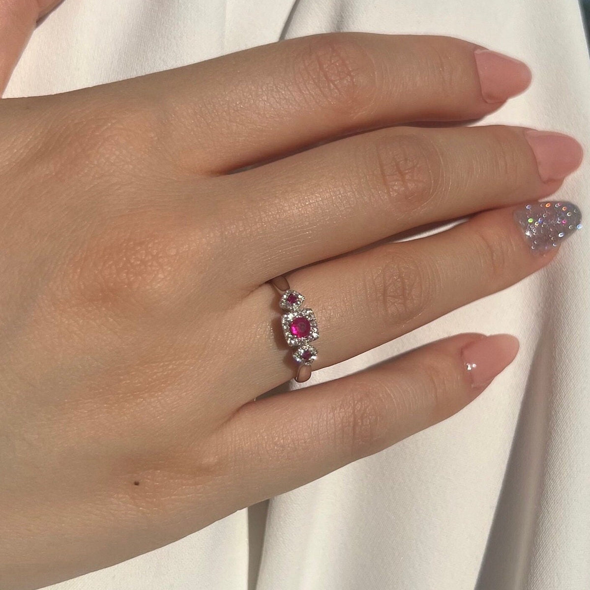 Genuine Ruby and Trio Diamond Ring | 14k Solid White Gold