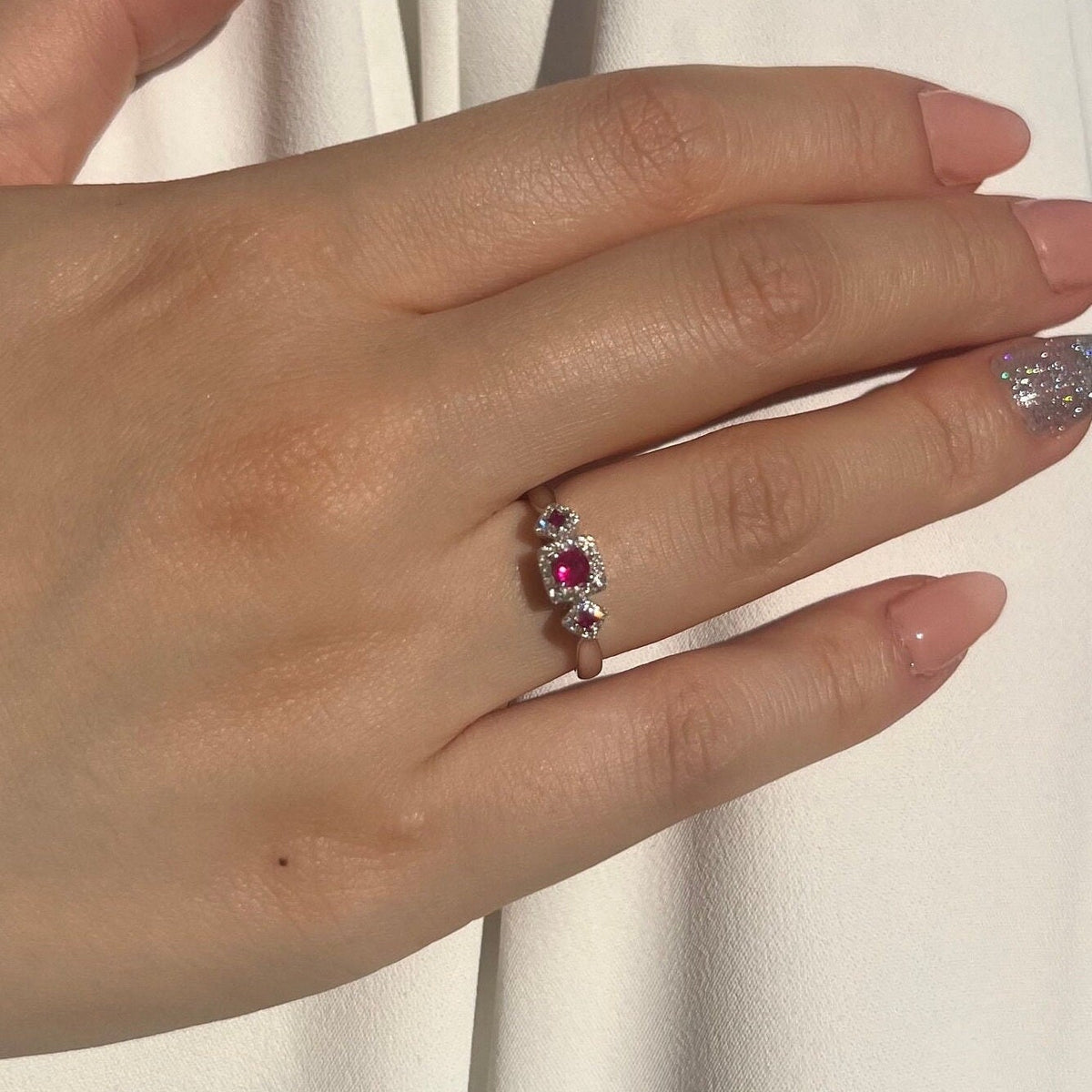 Genuine Ruby and Trio Diamond Ring | 14k Solid White Gold