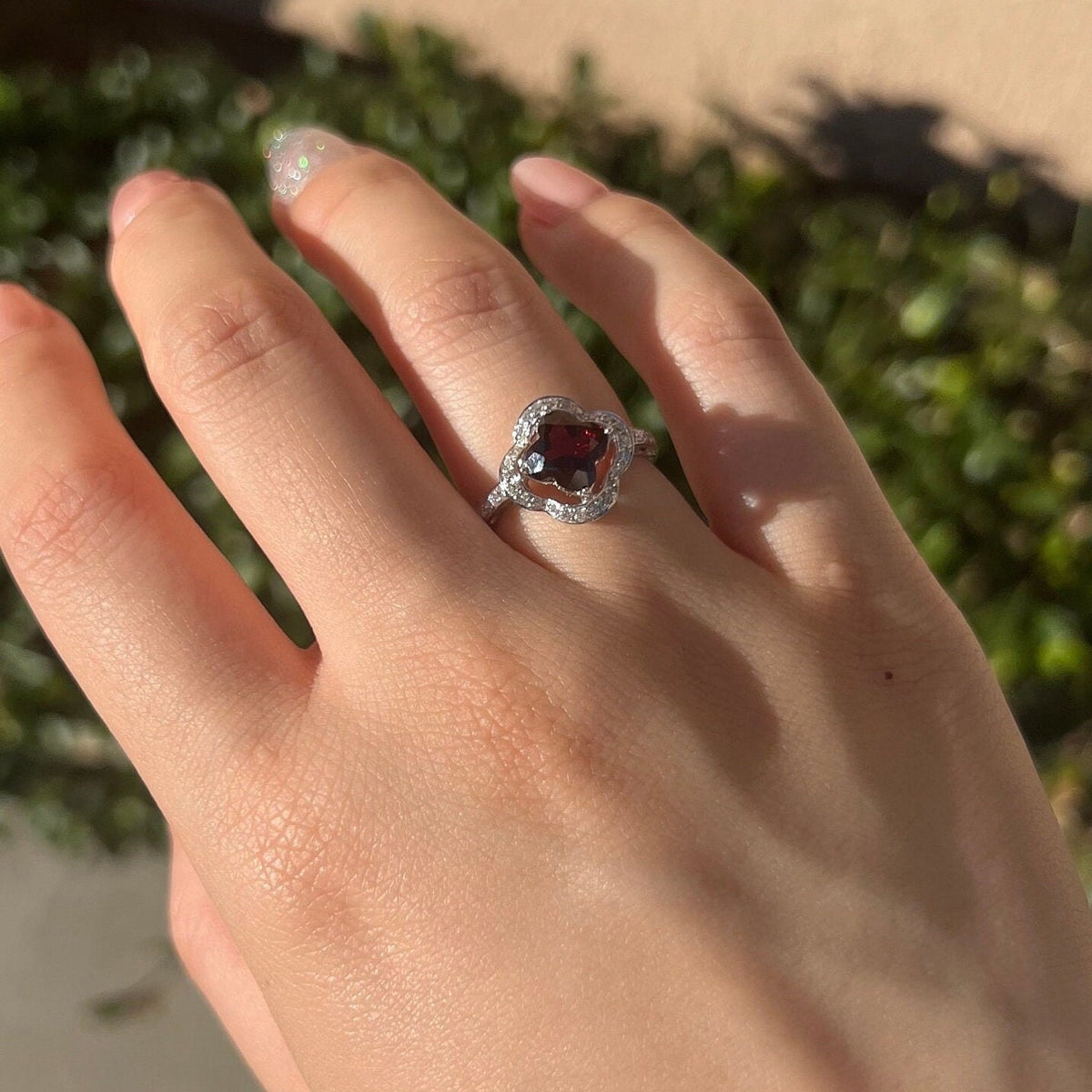 Genuine Garnet Quatrefoil Ring in 14k Solid Gold