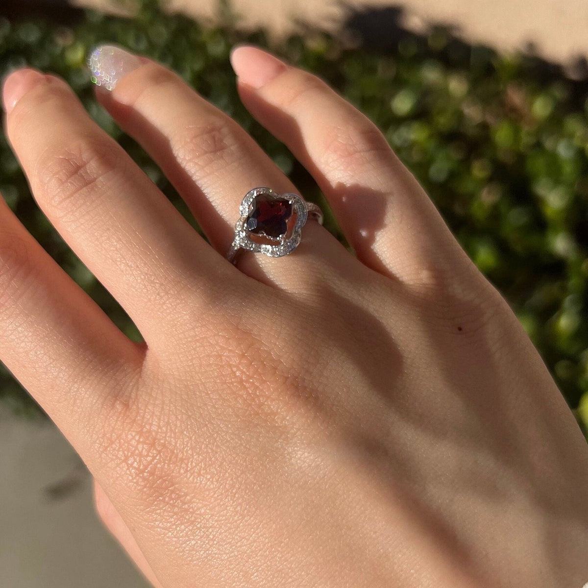 Genuine Garnet Quatrefoil Ring in 14k Solid Gold
