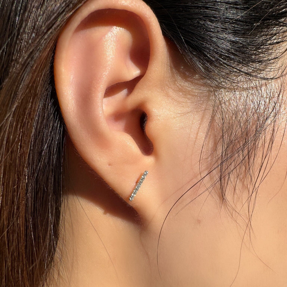 14k Solid Gold Diamond Bar Stud Earrings, April Birthstone, Everyday Wear