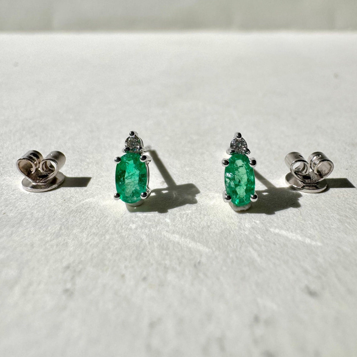 Genuine Emerald and Diamond Stud Earrings / 18k White Gold