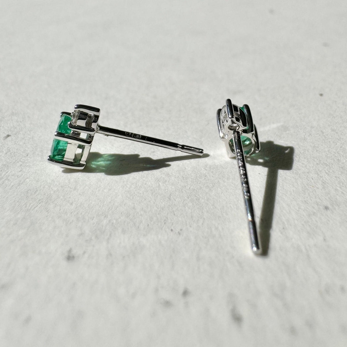 Genuine Emerald and Diamond Stud Earrings / 18k White Gold