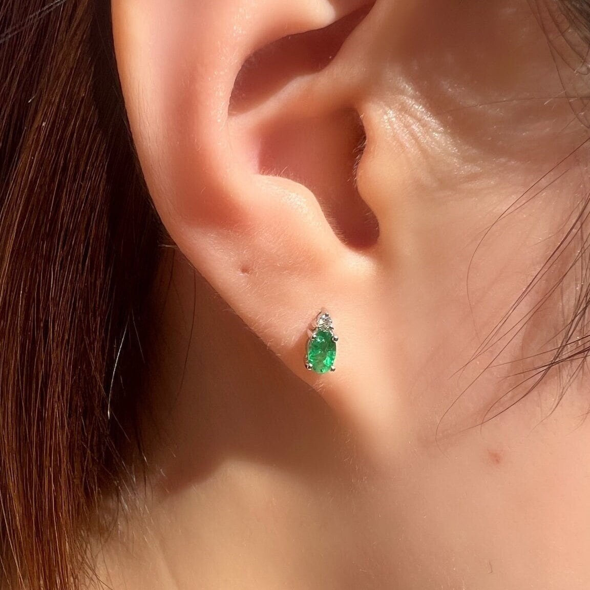 Genuine Emerald and Diamond Stud Earrings / 18k White Gold