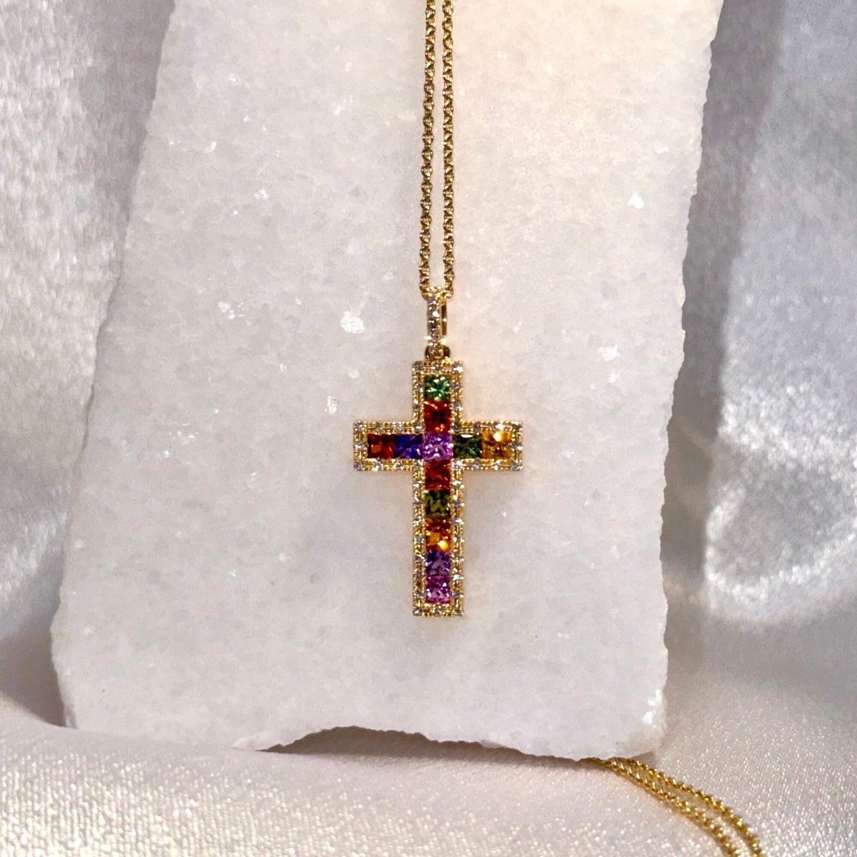 14k Solid Gold Rainbow Sapphire Diamond Cross Pendant, September Birthstone Jewelry