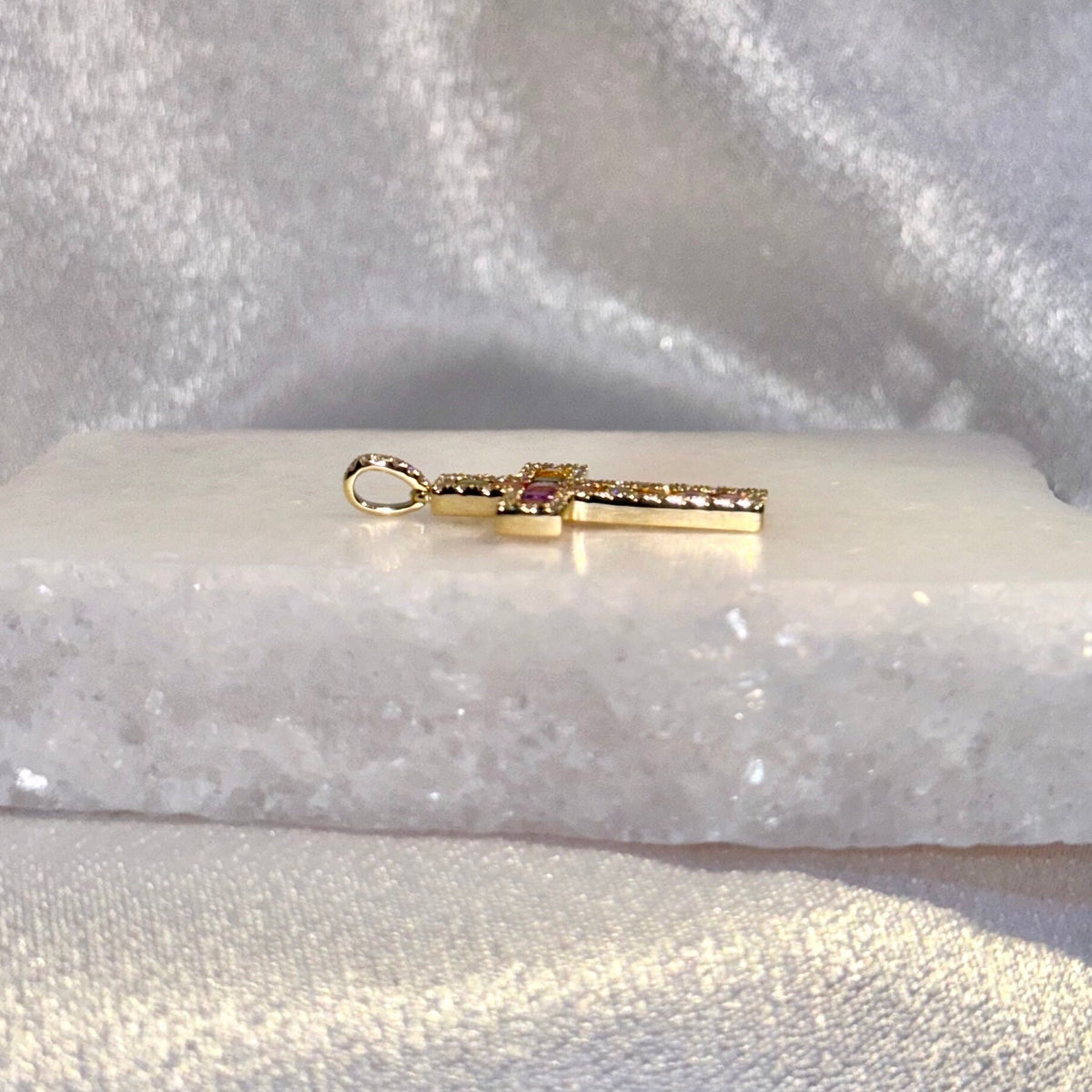 14k Solid Gold Rainbow Sapphire Diamond Cross Pendant, September Birthstone Jewelry