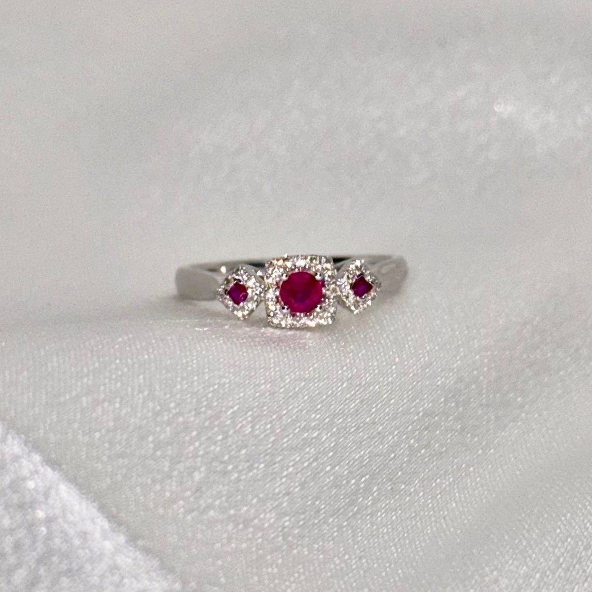 Genuine Ruby and Trio Diamond Ring | 14k Solid White Gold