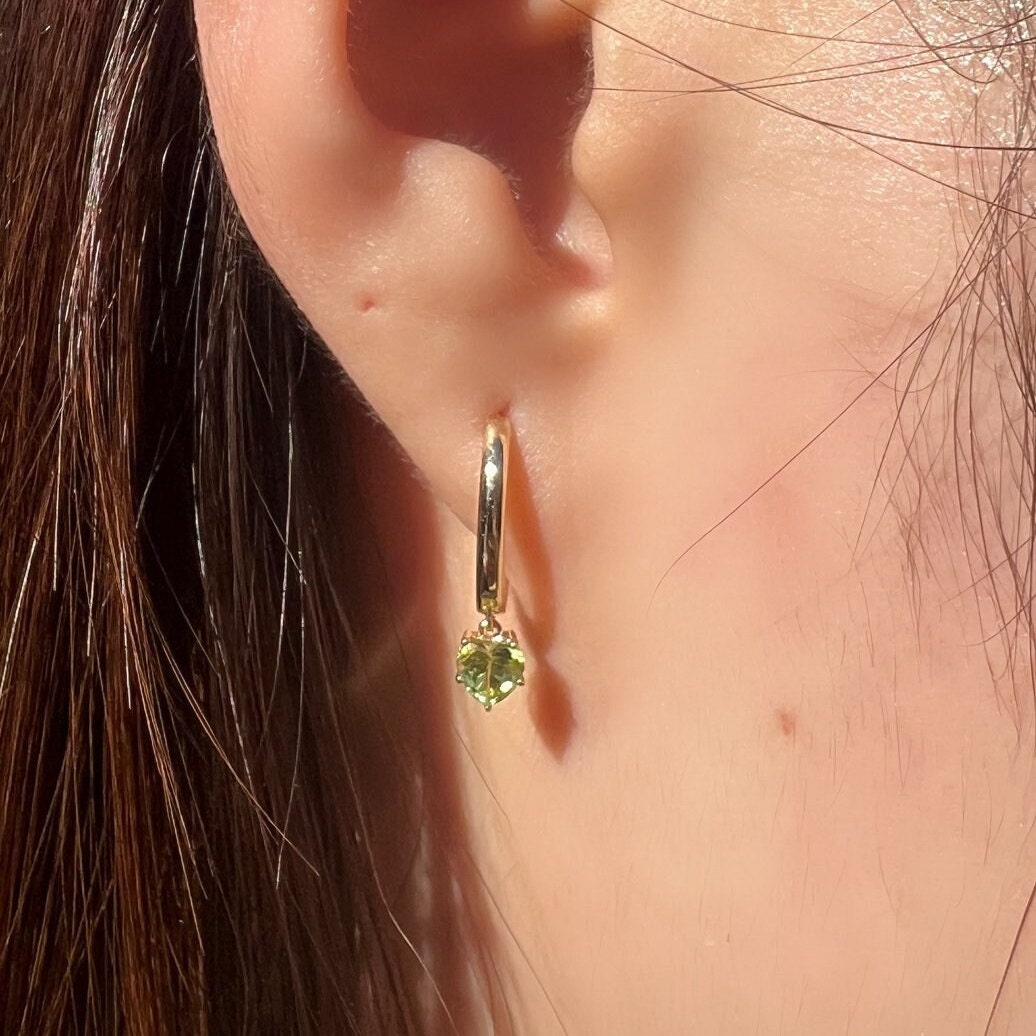 Genuine Peridot Heart Dangle Hoop Earrings, 14k Solid Gold, August Birthstone, Gift for Her