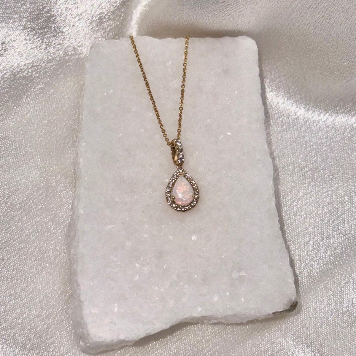18k Solid Yellow Gold Pear Opal Diamond Pendant