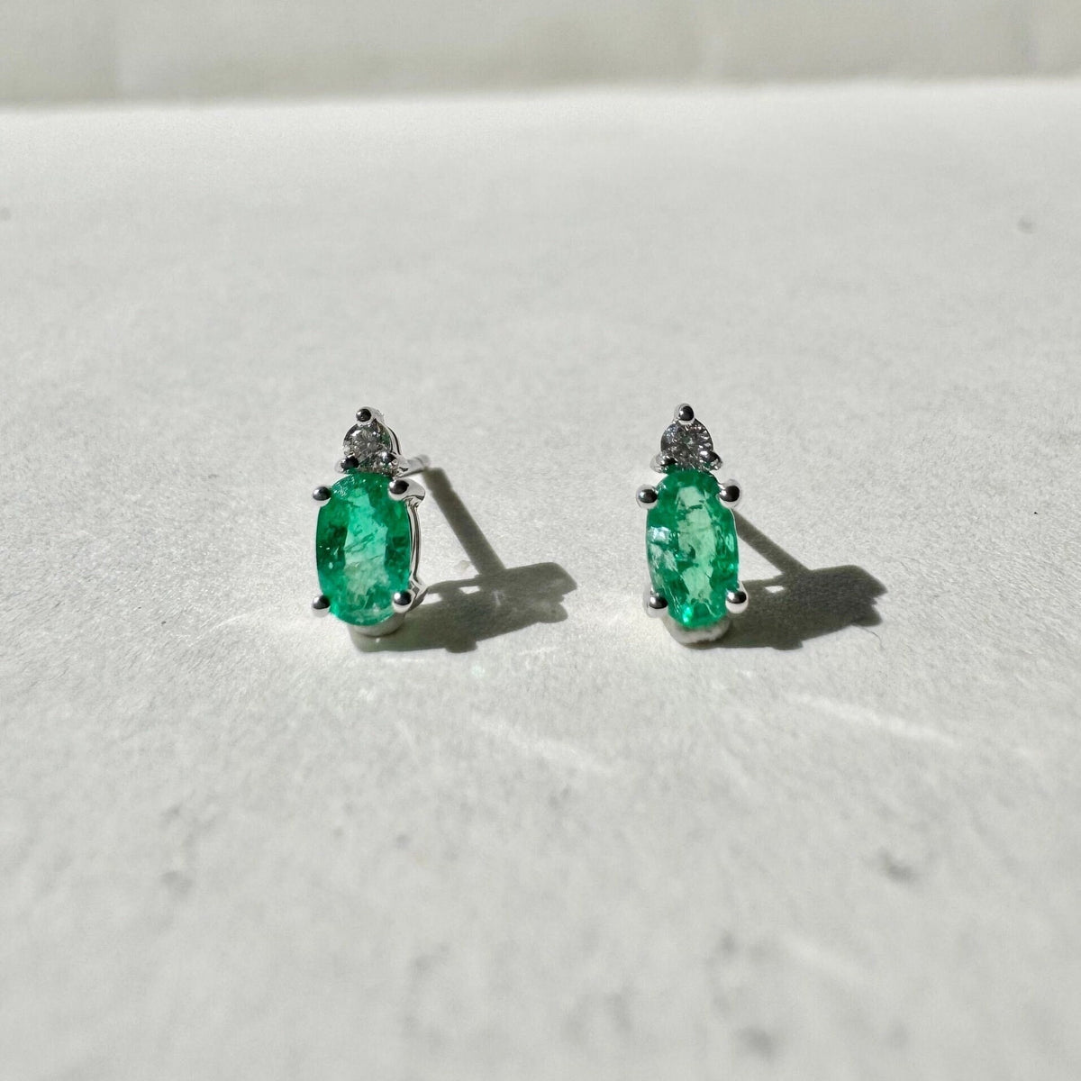 Genuine Emerald and Diamond Stud Earrings / 18k White Gold