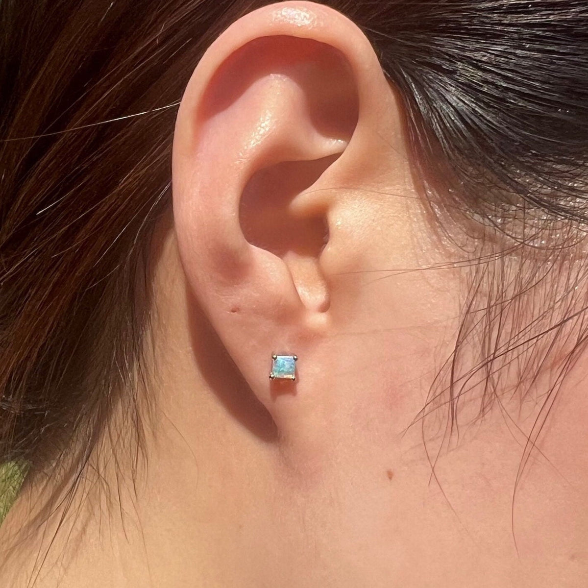 Genuine Opal 4mm Princess Cut Solitaire Stud Earrings / 14k Solid Gold