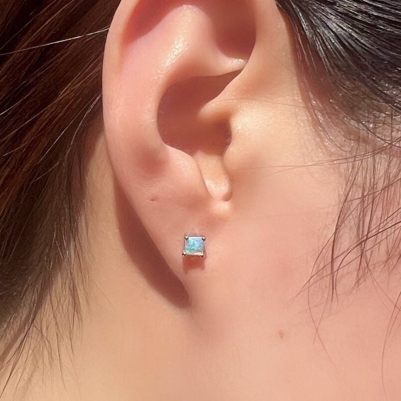 Genuine Opal 4mm Princess Cut Solitaire Stud Earrings / 14k Solid Gold
