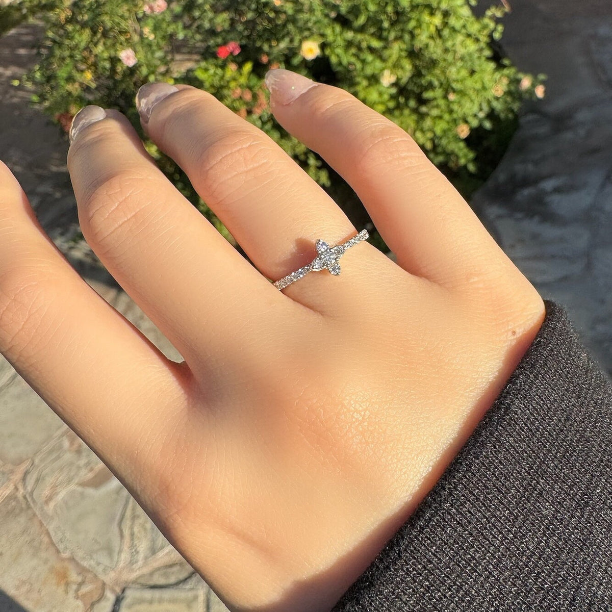 Genuine Diamond Flower Ring in 18k Solid White Gold