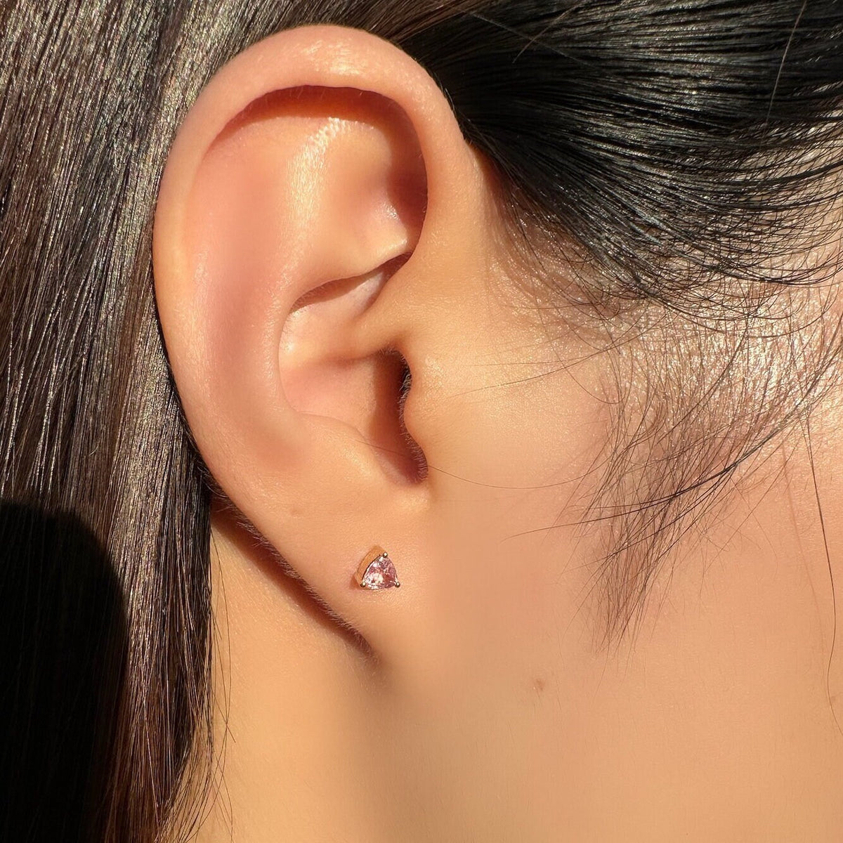 Genuine Pink Sapphire Trillion Cut Stud Earrings, 14k Solid Gold, September Birthstone Gift