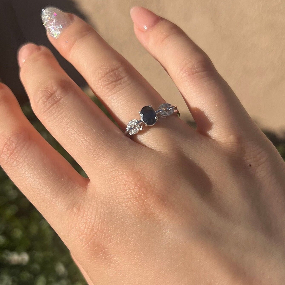 Genuine Sapphire and Diamond Oval Ring｜14k Solid White Gold