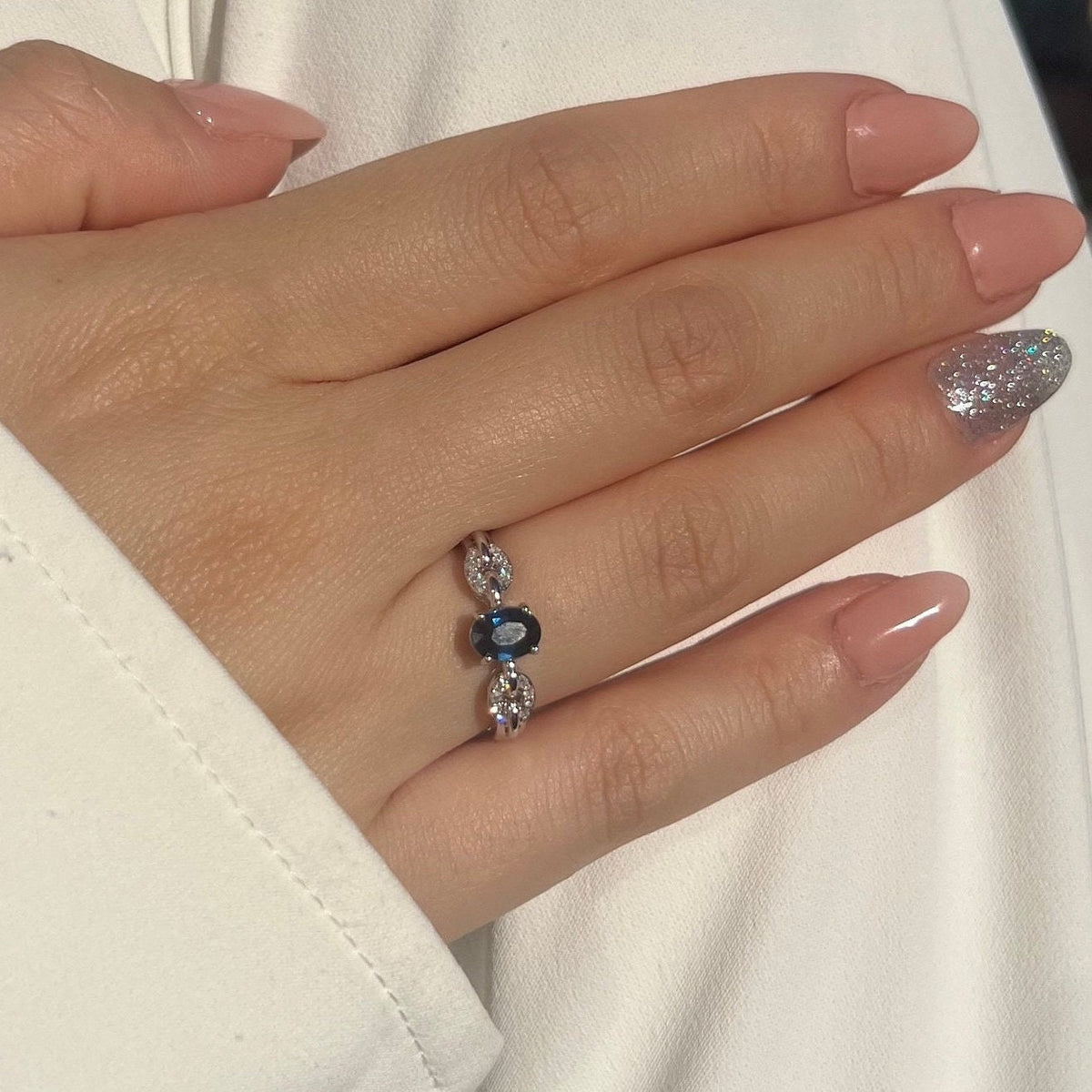 Genuine Sapphire and Diamond Oval Ring｜14k Solid White Gold