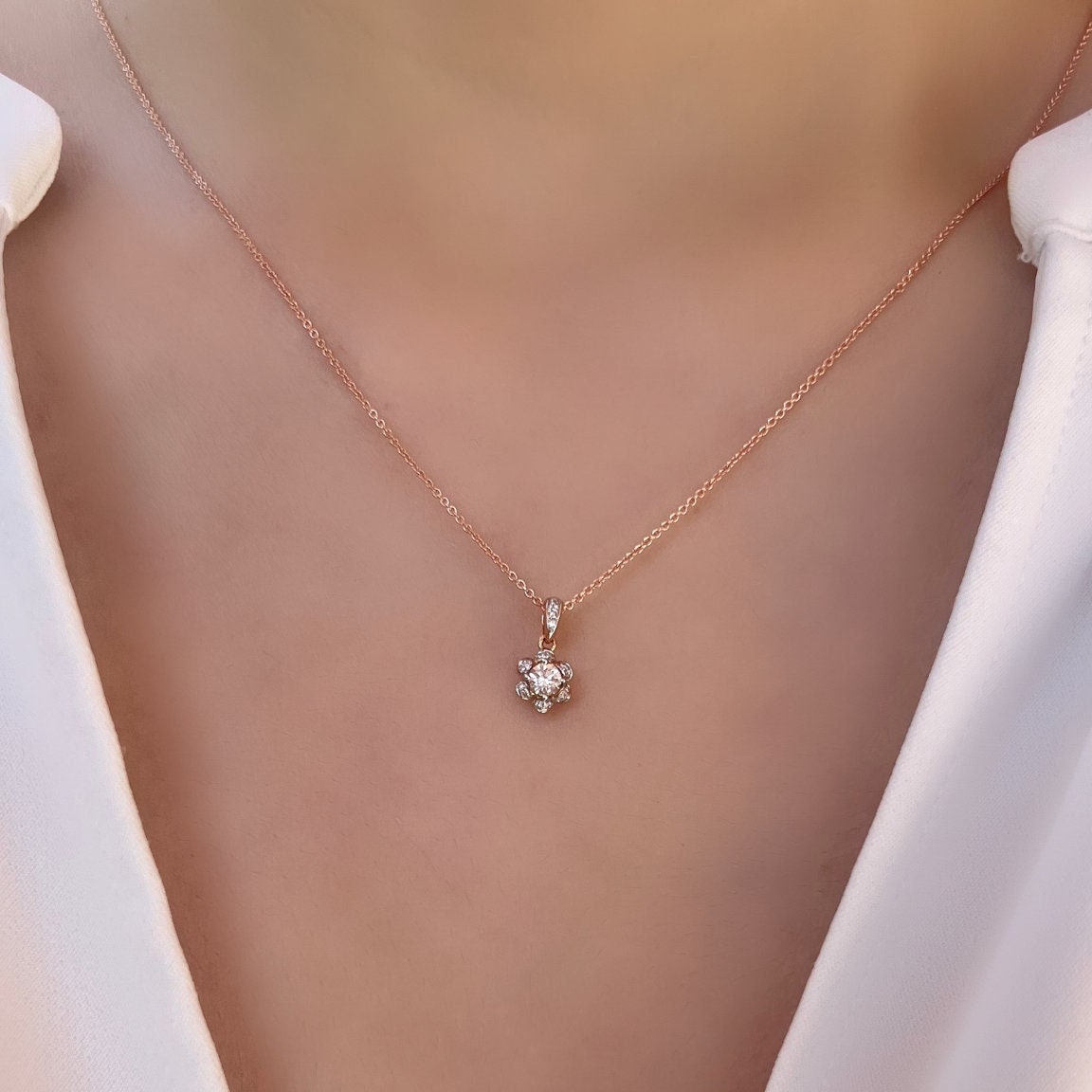 Genuine Diamond Daisy Pendant, Pendant Only, in 18k Rose Gold