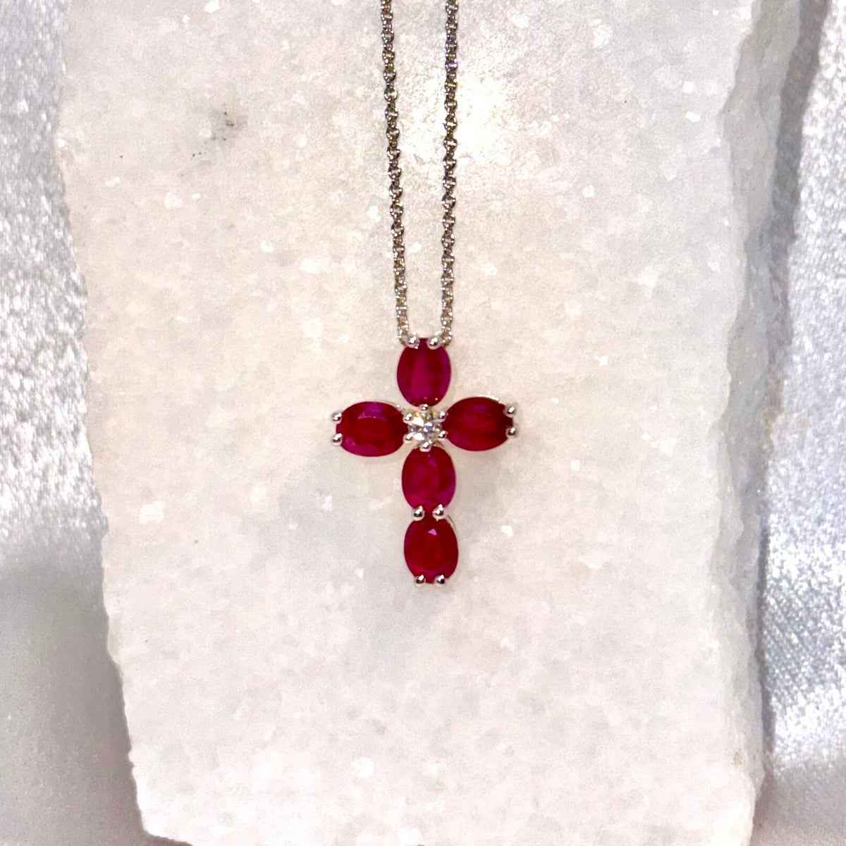 Genuine Ruby and Diamond Cross Pendant | 18k Solid White Gold