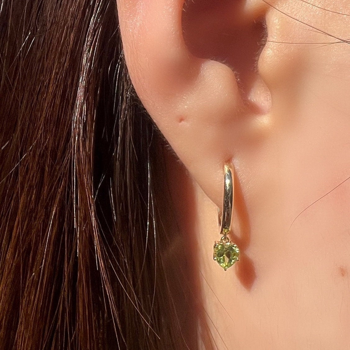 Genuine Peridot Heart Dangle Hoop Earrings, 14k Solid Gold, August Birthstone, Gift for Her