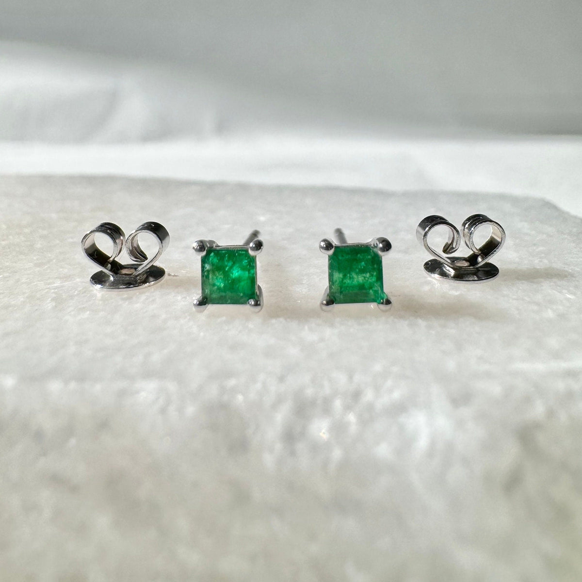 Genuine Emerald Princess Cut Stud Earrings / 14k Solid Gold