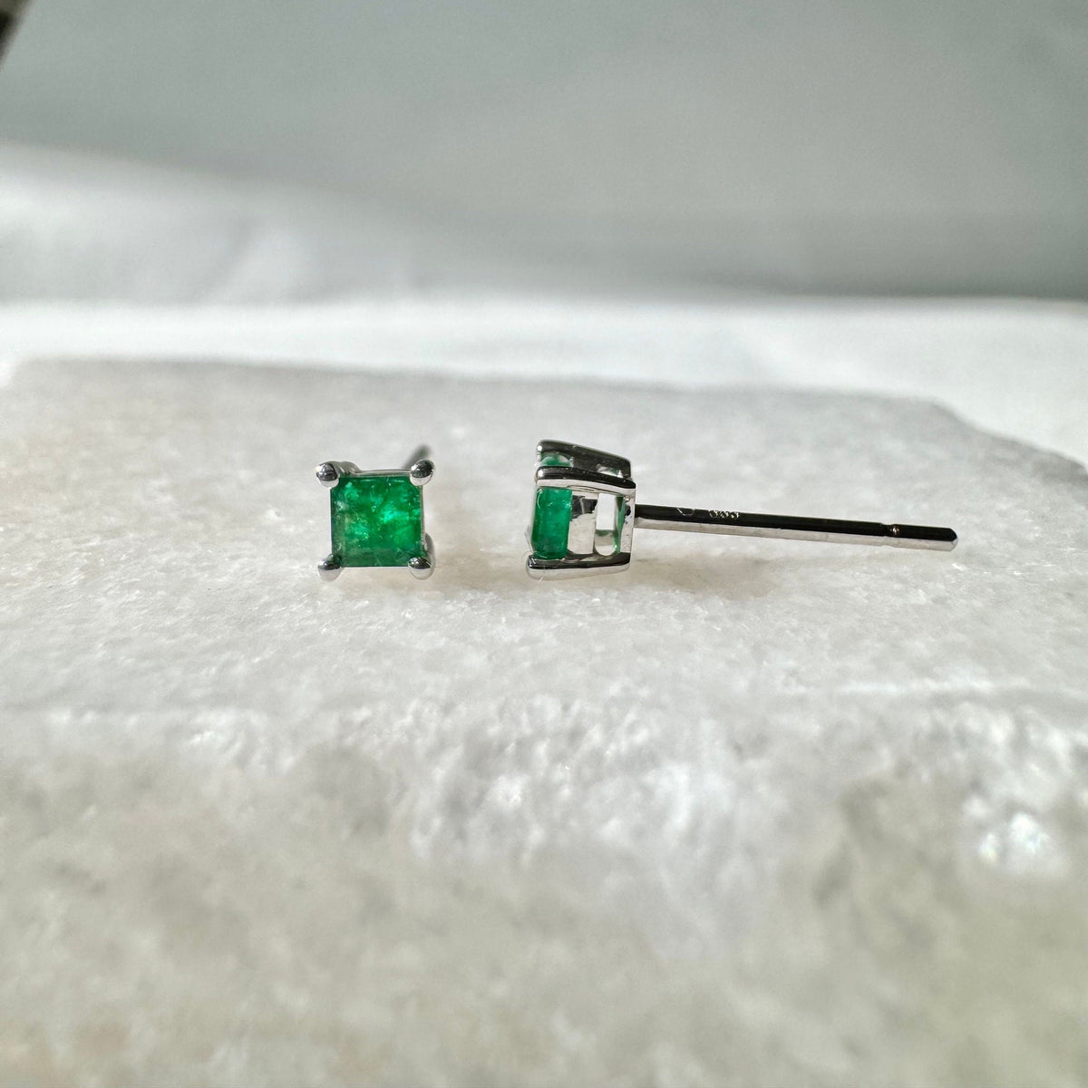 Genuine Emerald Princess Cut Stud Earrings / 14k Solid Gold