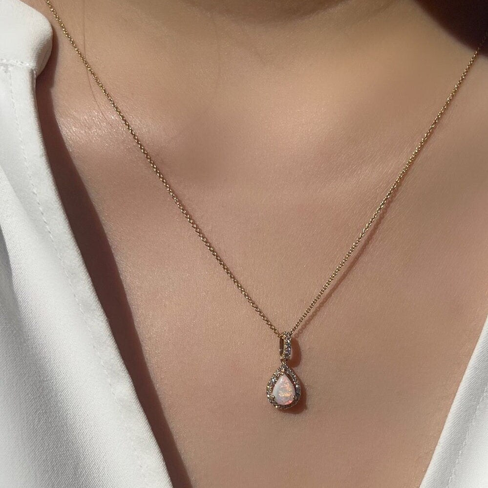18k Solid Yellow Gold Pear Opal Diamond Pendant
