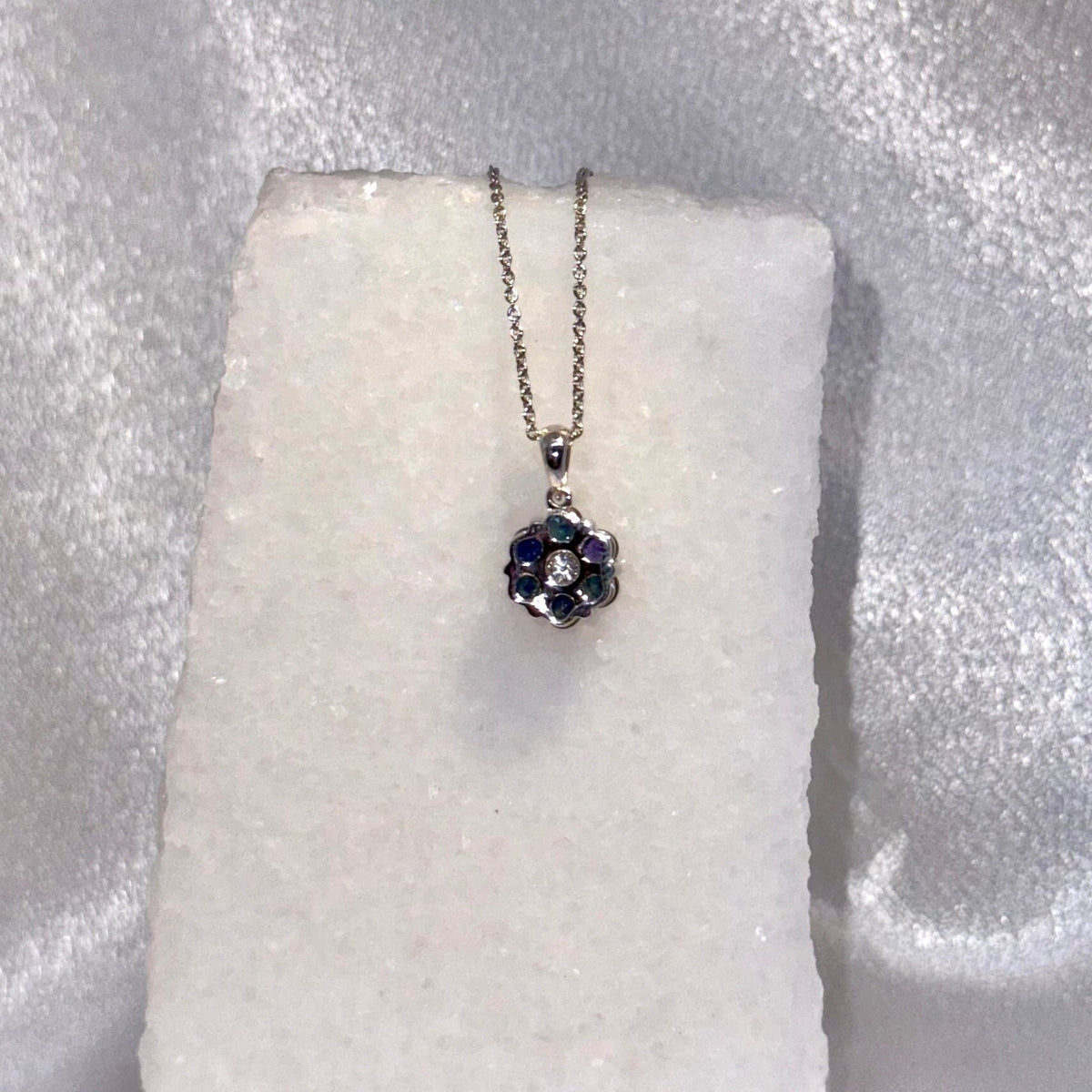 Genuine Sapphire and Diamond Flower Pendant, 14k Solid Gold, September Birthstone, Gift for Her