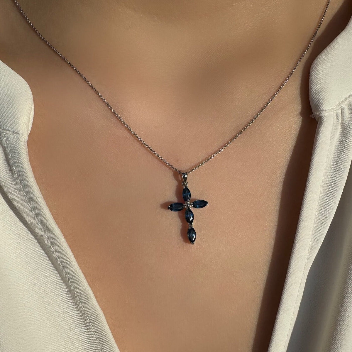 Genuine Oval Cut Sapphire Cross Pendant | 14k Solid Gold