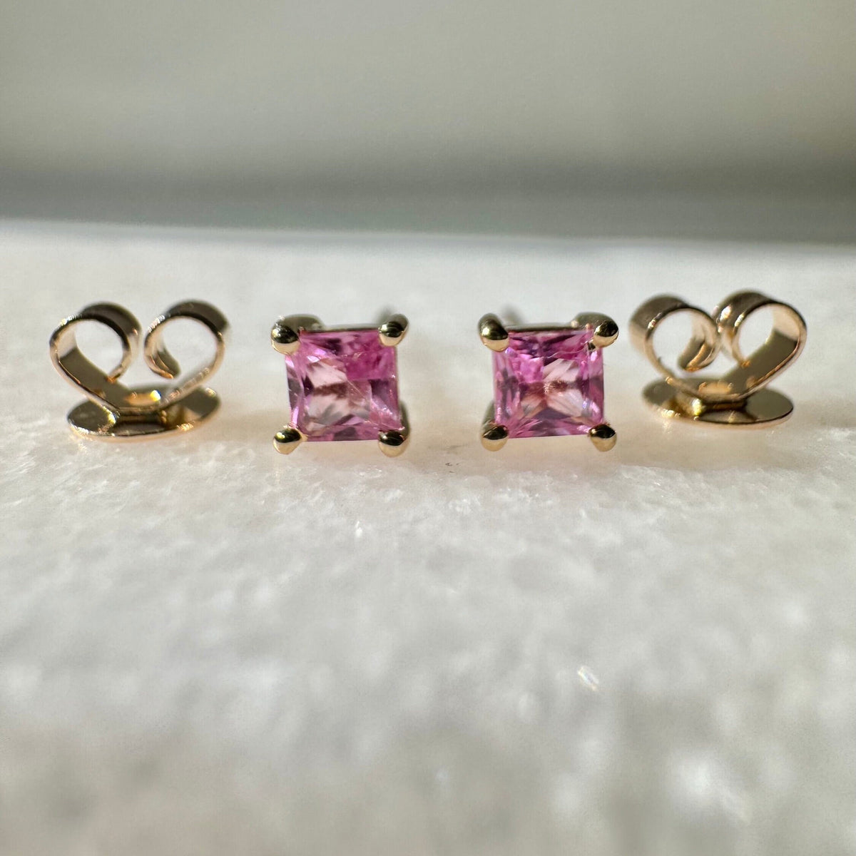 Genuine Pink Sapphire Princess Cut Stud Earrings / 14k Solid Gold