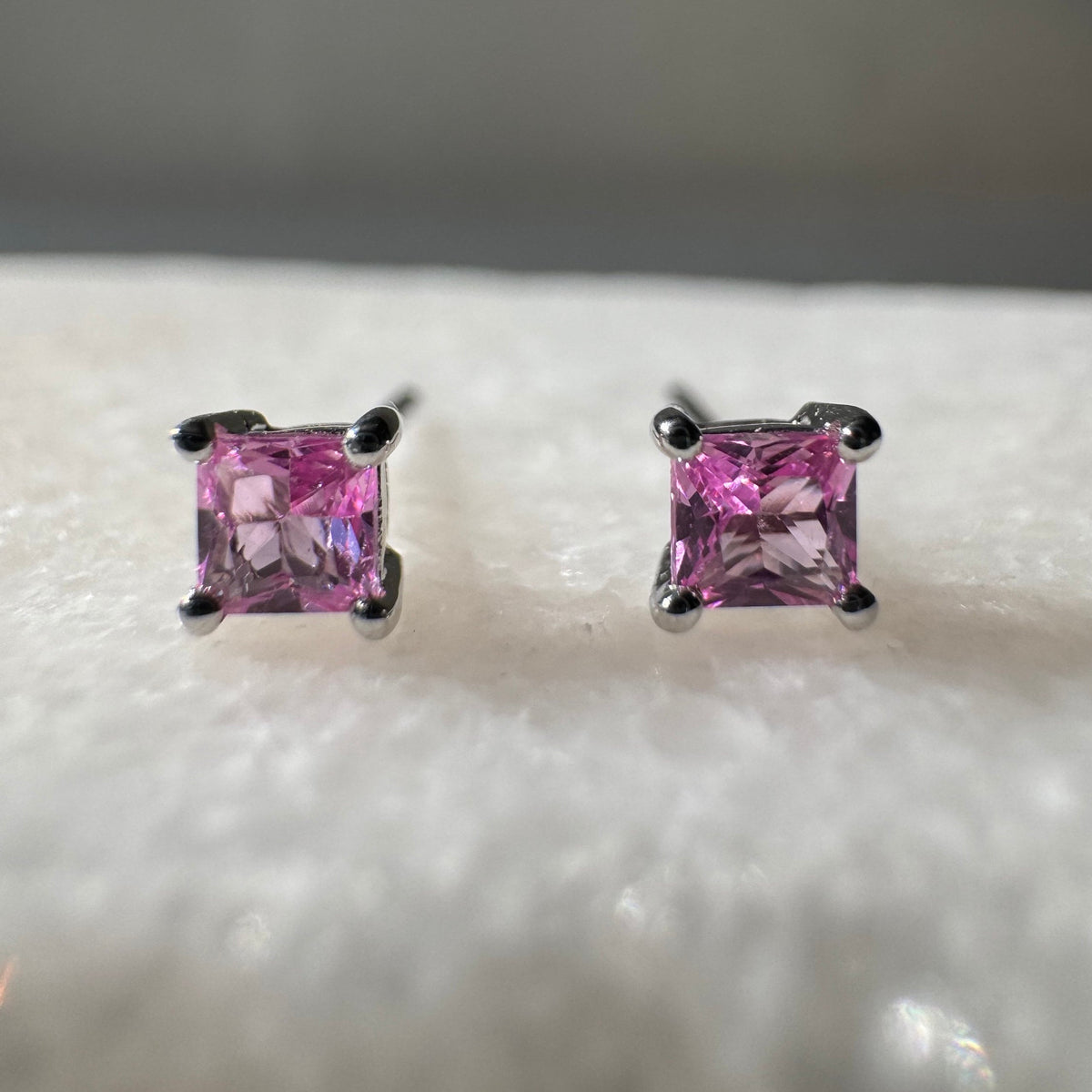 Genuine Pink Sapphire Princess Cut Stud Earrings / 14k Solid Gold