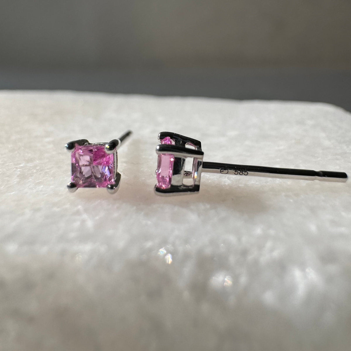 Genuine Pink Sapphire Princess Cut Stud Earrings / 14k Solid Gold