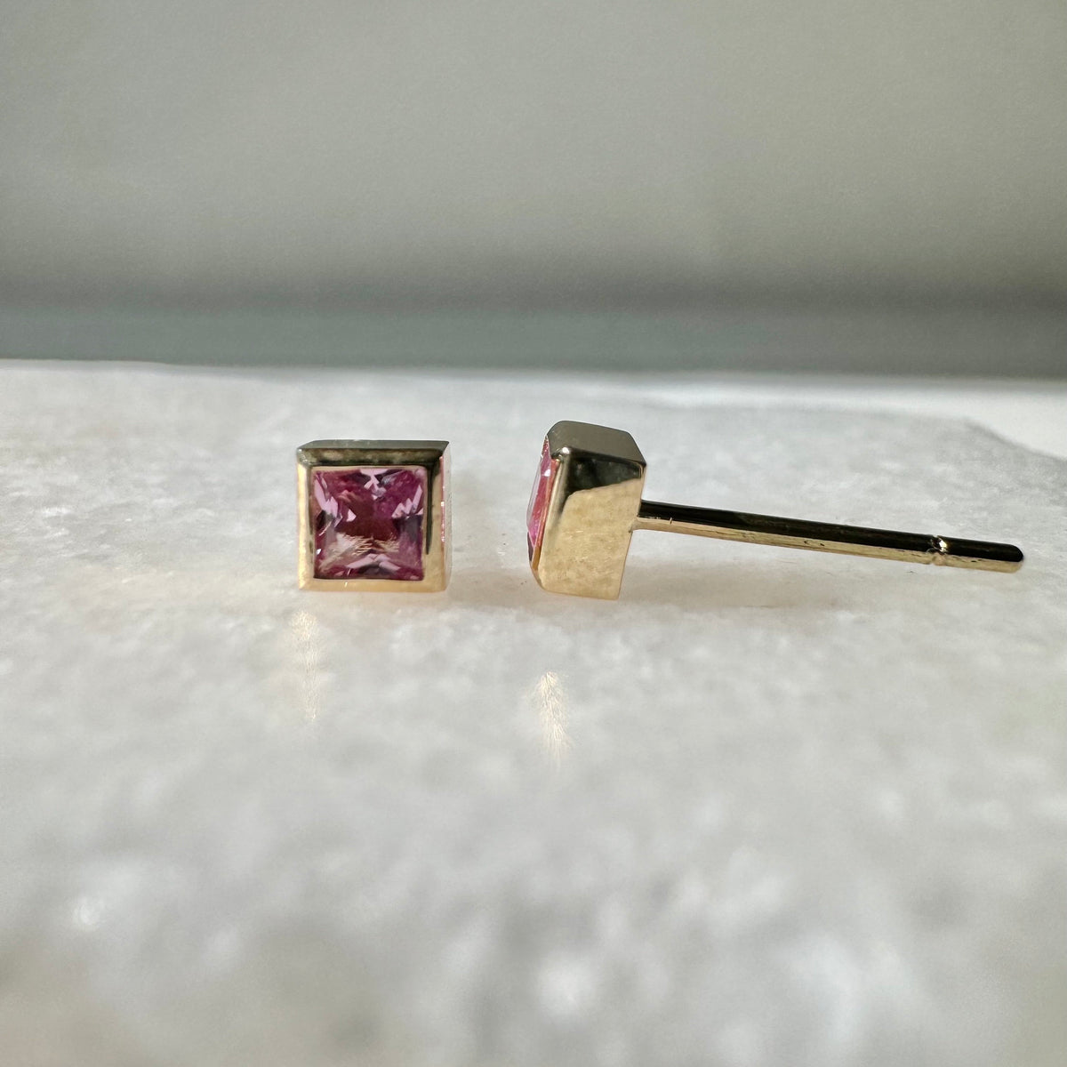 Genuine Pink Sapphire Princess Cut with Square Gold Edge Stud Earrings / 14k Solid Gold