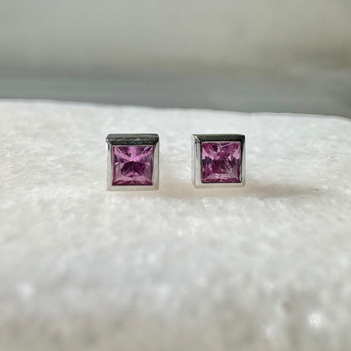 Genuine Pink Sapphire Princess Cut with Square Gold Edge Stud Earrings / 14k Solid Gold