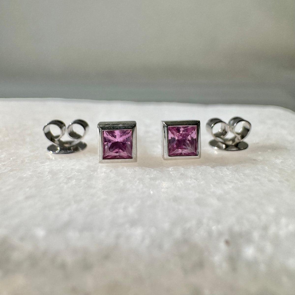 Genuine Pink Sapphire Princess Cut with Square Gold Edge Stud Earrings / 14k Solid Gold